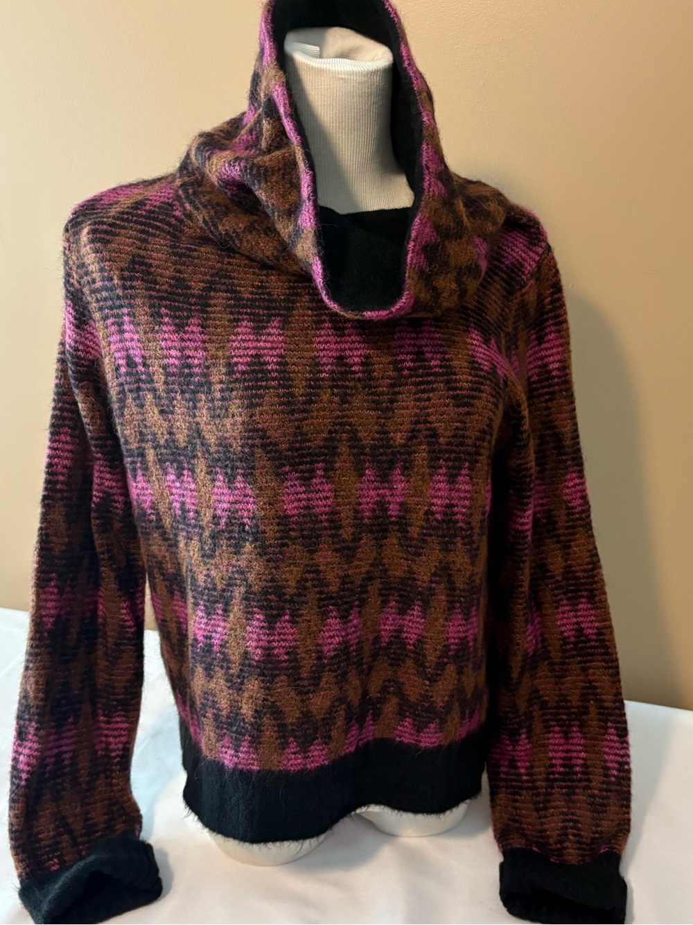 Veronica Beard Pink and Brown Patterned Cowl Neck Sweater